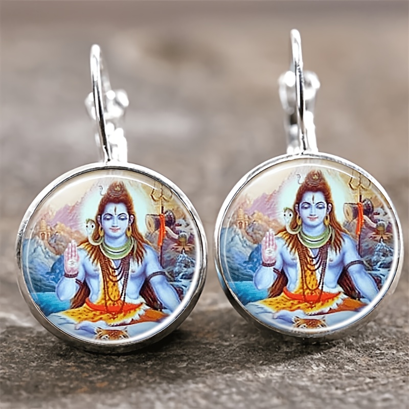 2pcs Round Glass-inlaid White Earrings with Deity Design